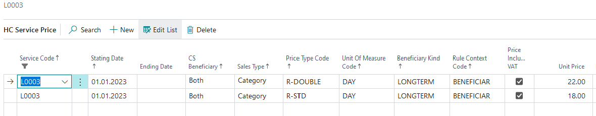 Service Price sample screenshot